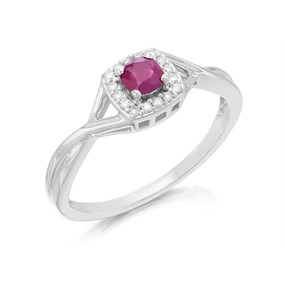 9ct White Gold Cushion Ruby And Diamond Cluster Ring - 10pts - D6699