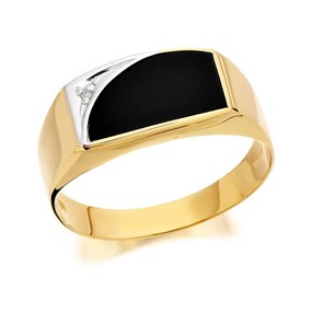 9ct Gold Gentleman's Diamond Set Onyx Signet Ring - R3705